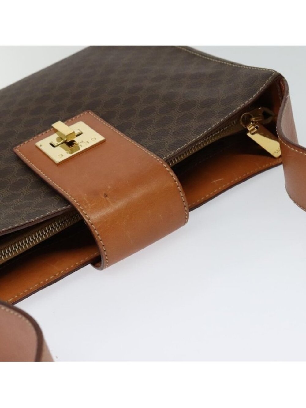 Authentic CELINE Macadam Canvas Shoulder Bag PVC Leather Brown Gold - Picture 7 of 16
